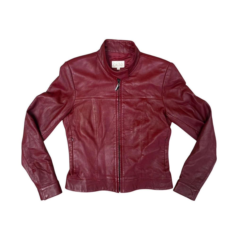Cache Womens Burgundy Red Genuine Leather Moto Jacket Mock Neck Size 6